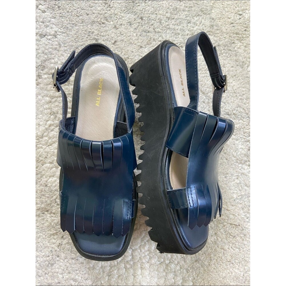 All Black Kiltie Navy Fringe Platform Chunky Sandals - Picture 3 of 9